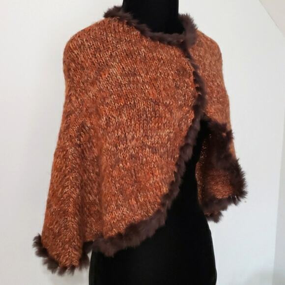 Fur Poncho 100% Dyed Rabbit Fur Lined Knit Outerwear Cardigan - Picture 2 of 9